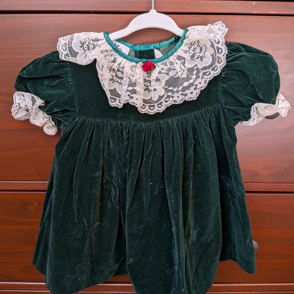 Vintage Nutcracker Girls Green Velve Holiday Dress With Lace Size 2T